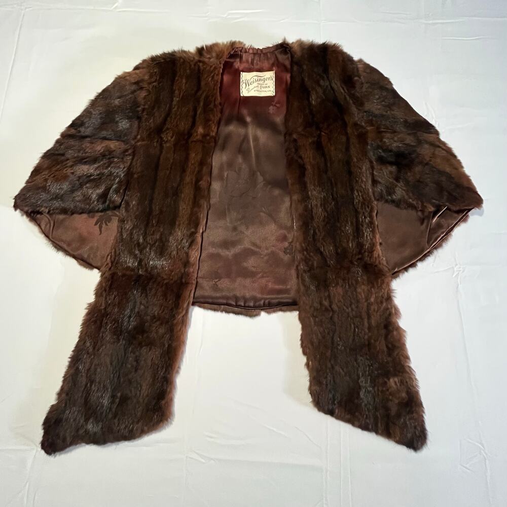Vintage Weisinger’s Genuine Brown Fur Stole Cape Wrap 3 Hidden Pockets USA